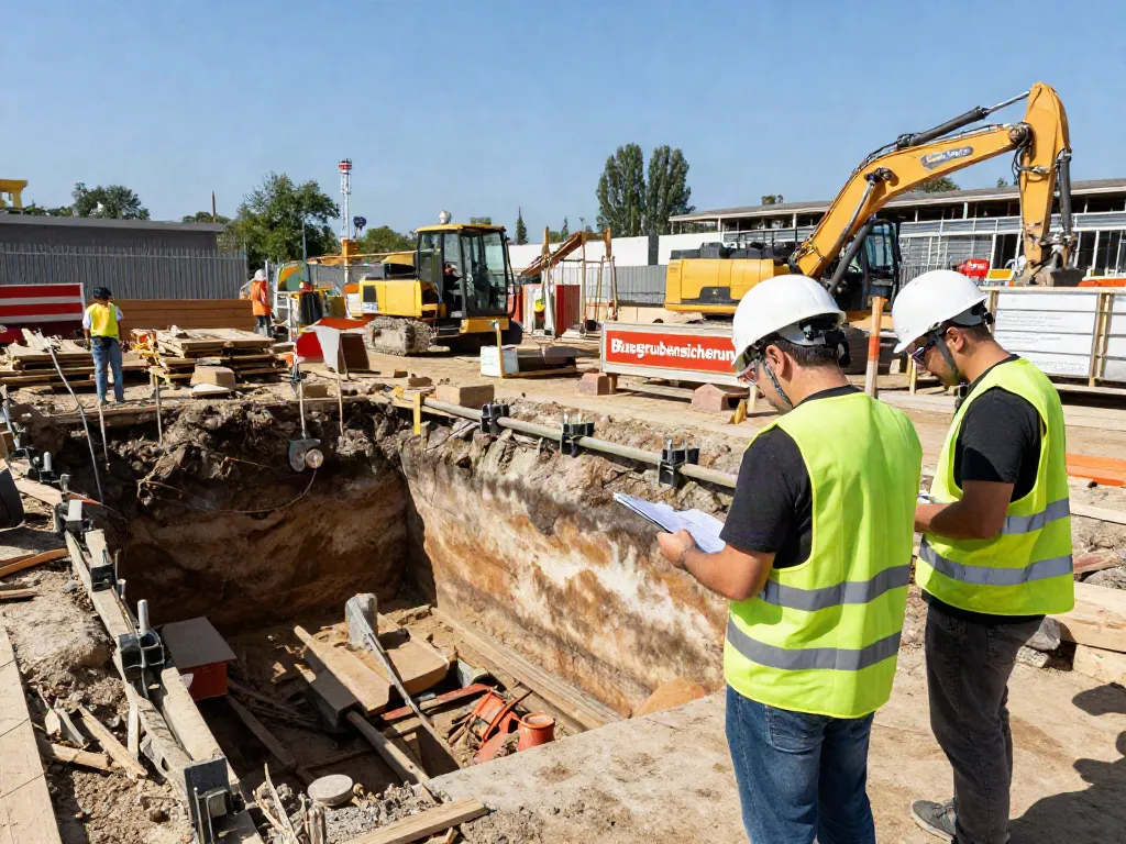 Sicherheitsmaßnahmen zur Baugrubensicherung auf einer Baustelle mit Arbeitern in Sicherheitskleidung.
