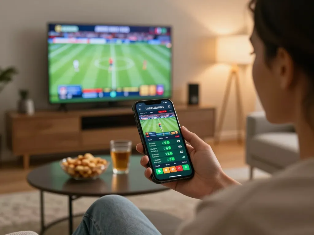 Engaging sports betting on smartphone with tỷ lệ nhà cái visible, cozy living room setup enhancing mobile gambling atmosphere.