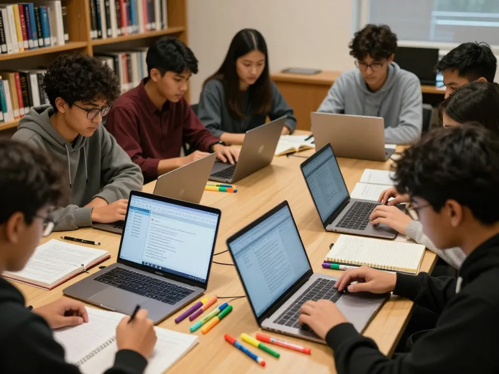 Students performing a Plagiat Scan on multiple laptops during a study session.