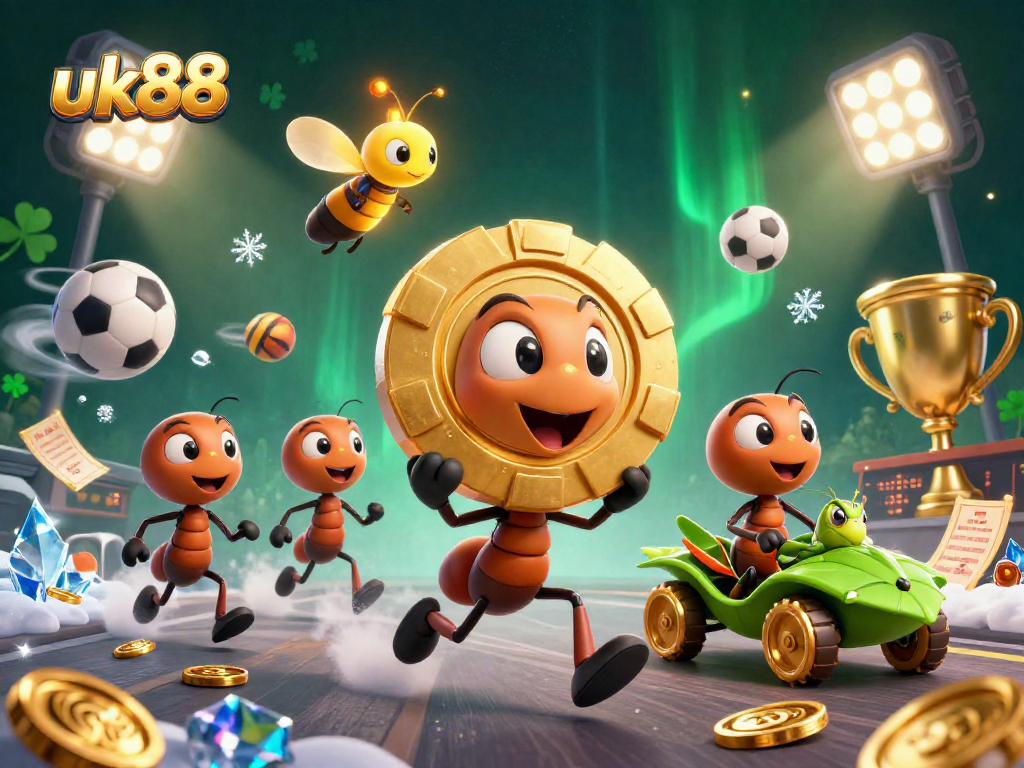 uk88 ants in a heist adventure with a golden poker chip, surrounded by dynamic 3D casino elements.