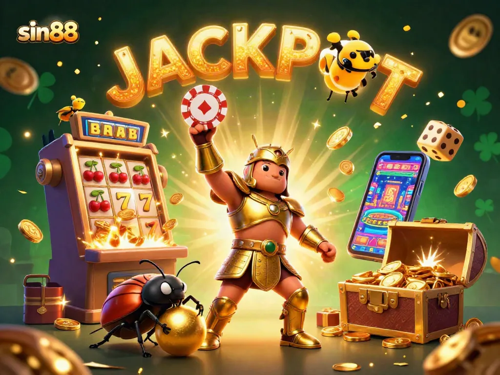 Experience excitement at sin88 with a heroic beetle lifting a poker chip amidst dazzling casino action.