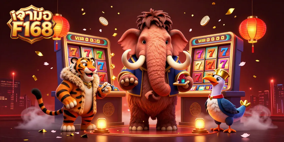 Engage with the lively atmosphere of เจ้ามือ F168's casino scene featuring vibrant slot elements and dynamic characters.