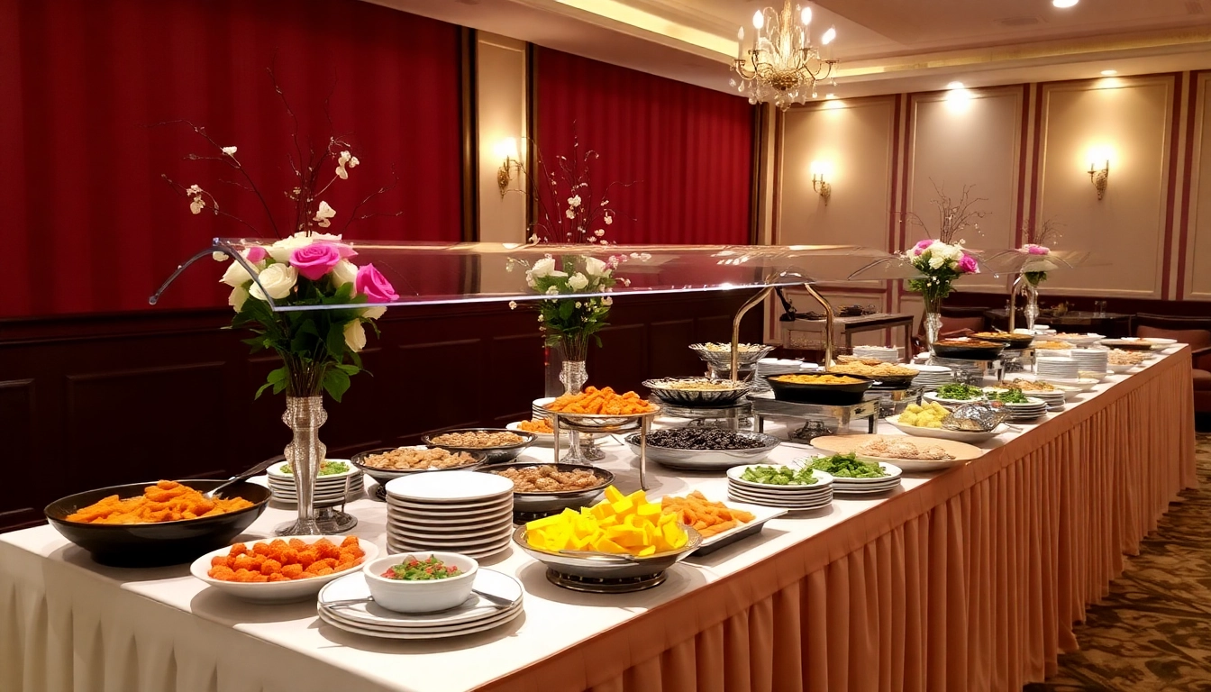 Partyservice buffet beautifully arranged with vibrant dishes and elegant decor for a festive celebration.