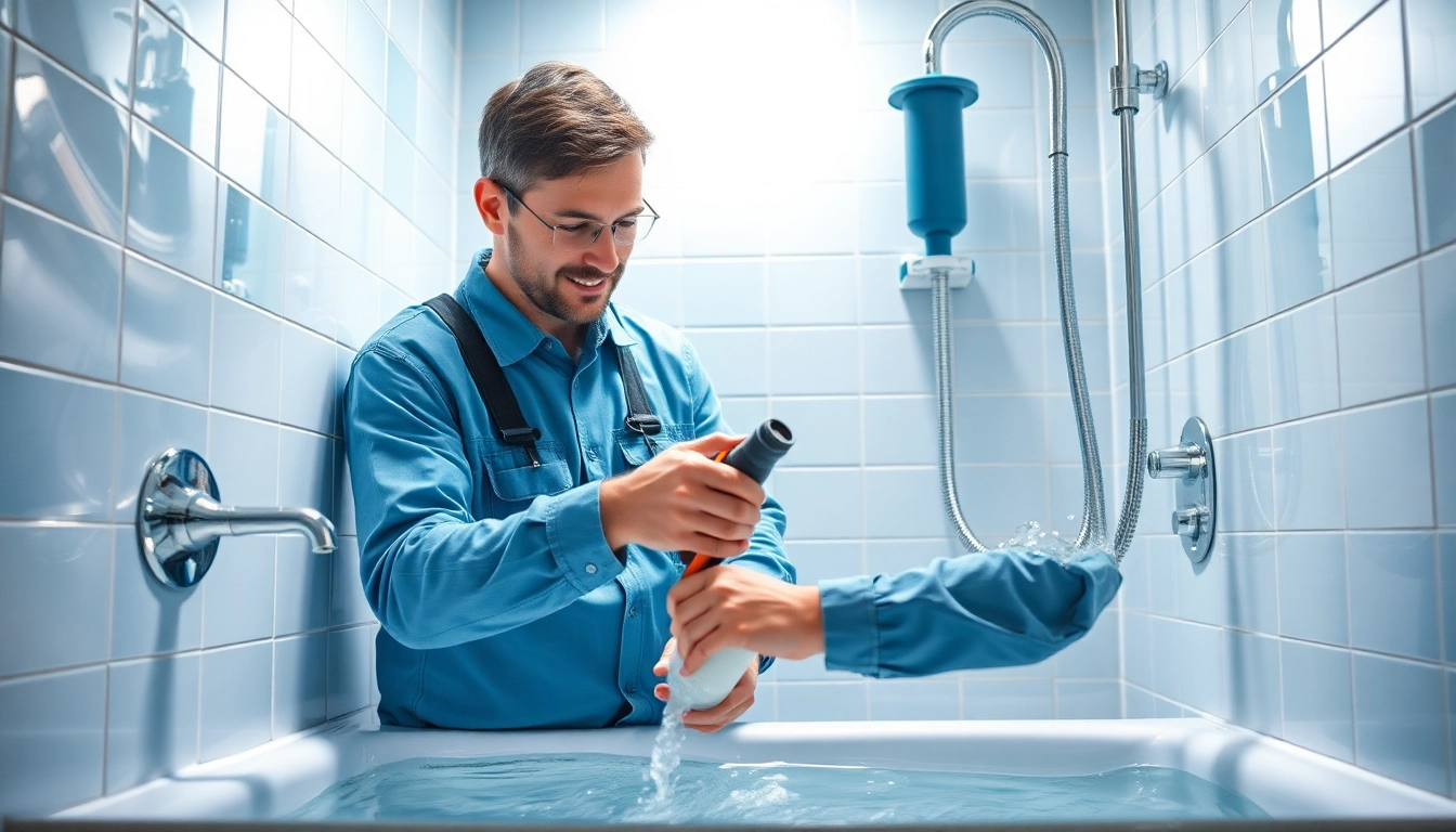 Professioneller Sanitär Notdienst-Mitarbeiter repariert ein Wasserleck in einem modernen Badezimmer, strahlend blauer und weißer Hintergrund.