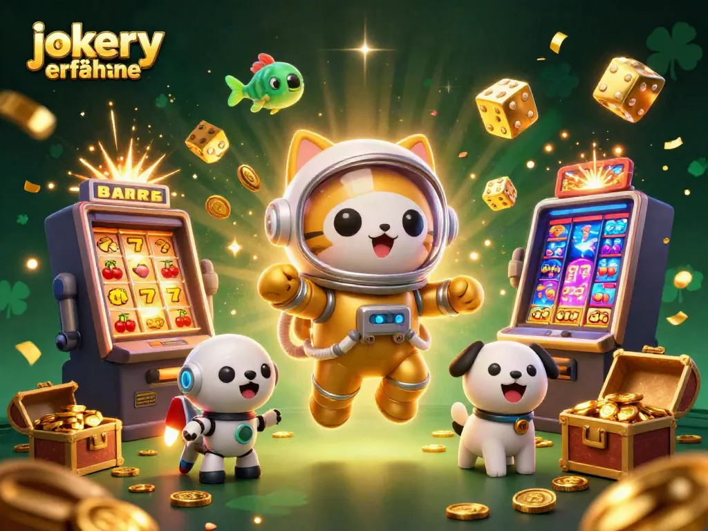 Experience jokery erfahrungen with a vibrant casino-themed 3D illustration featuring dynamic characters and elements.