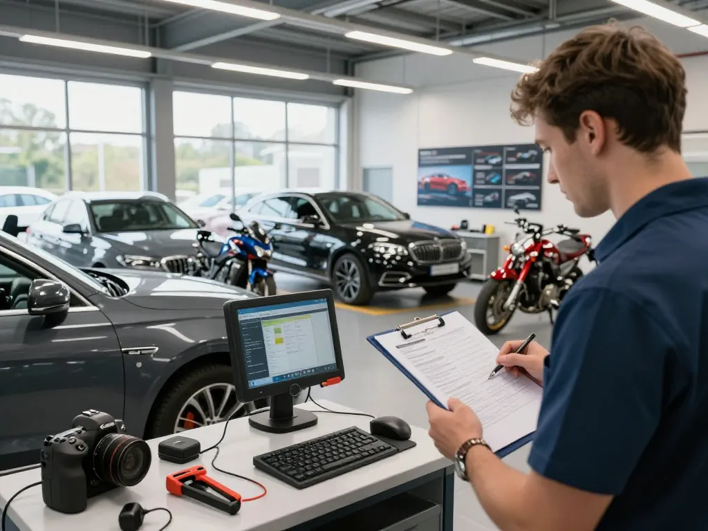 Kfz Sachverständiger Eschweiler bewertet Fahrzeugschäden in einer professionellen Kfz-Werkstatt.