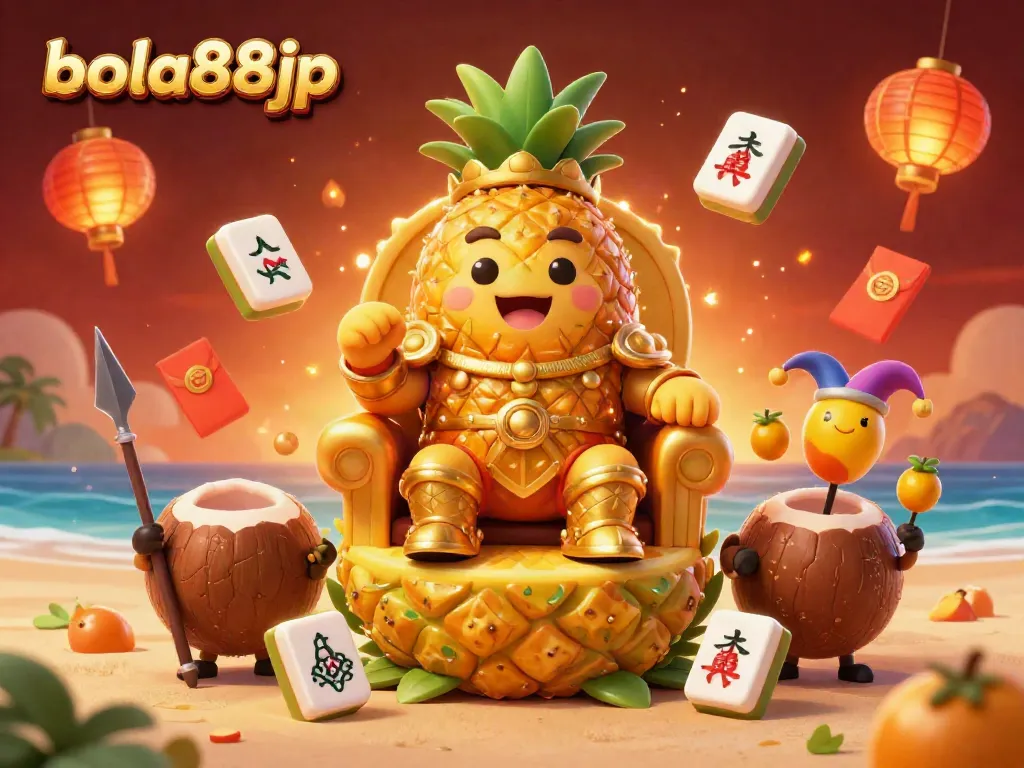 Visualize the energetic bola88jp casino scene with a pineapple king, coconut guards, and festive elements.