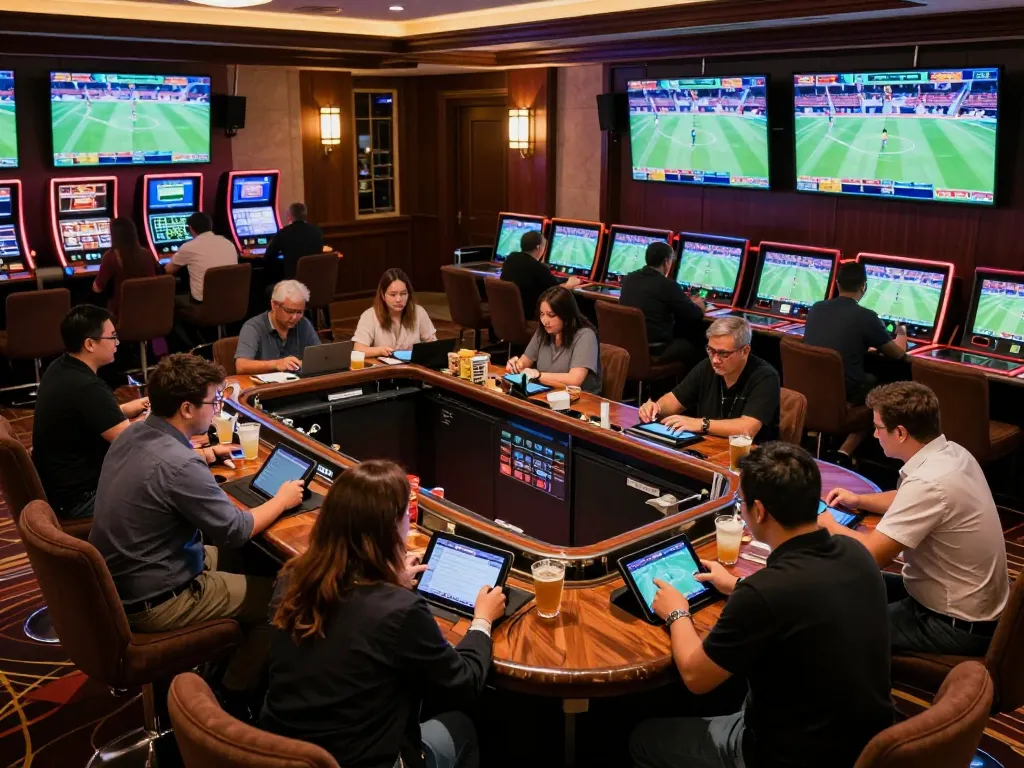 Bettors engaging in exciting Go8 sports betting at a lively casino with multiple screens.