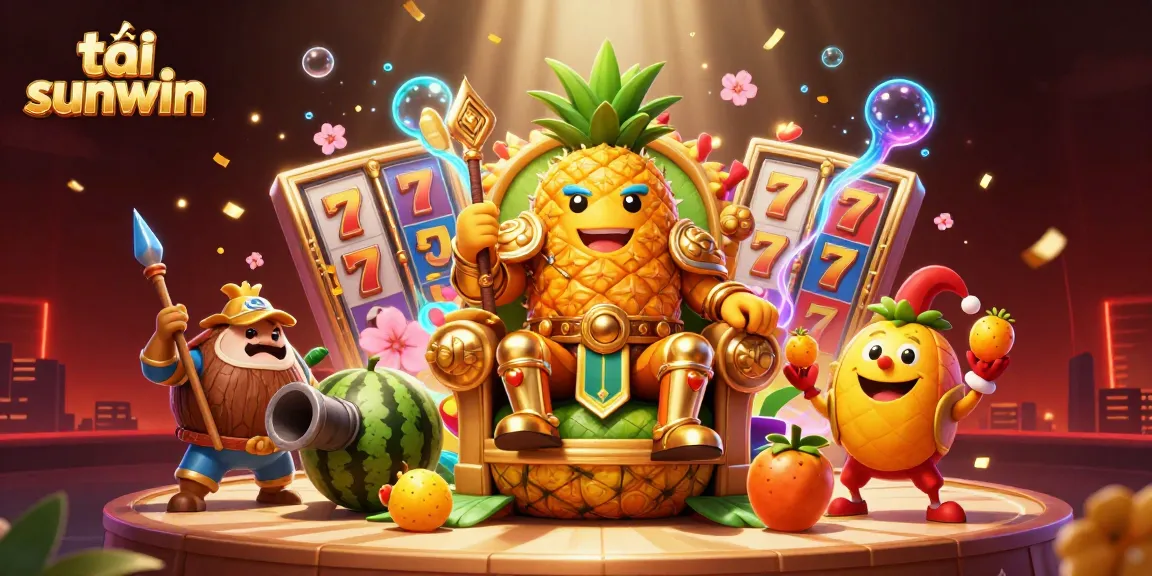Tải sunwin and enjoy slots with a golden pineapple king in a vibrant casino scene.