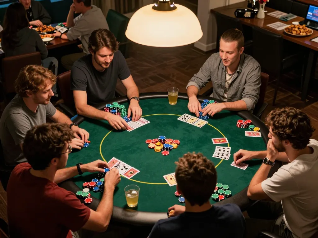 Genießen Sie einen lebhaften Pokerabend mit Freunden, während ein professioneller Immobilienmakler Frankfurt Preungesheim durch strategisches Gameplay führt.