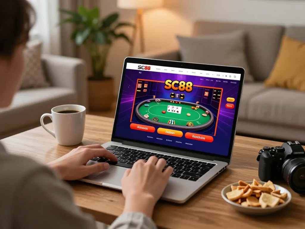 Engaging player interacting with SC88 casino app on laptop during online gambling session