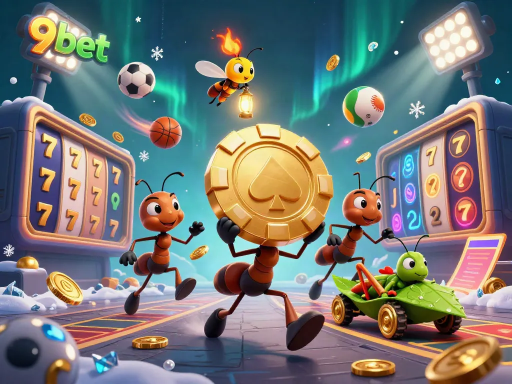 Experience the excitement of 9bet's dynamic heist scene with ants, poker chips, and game elements.