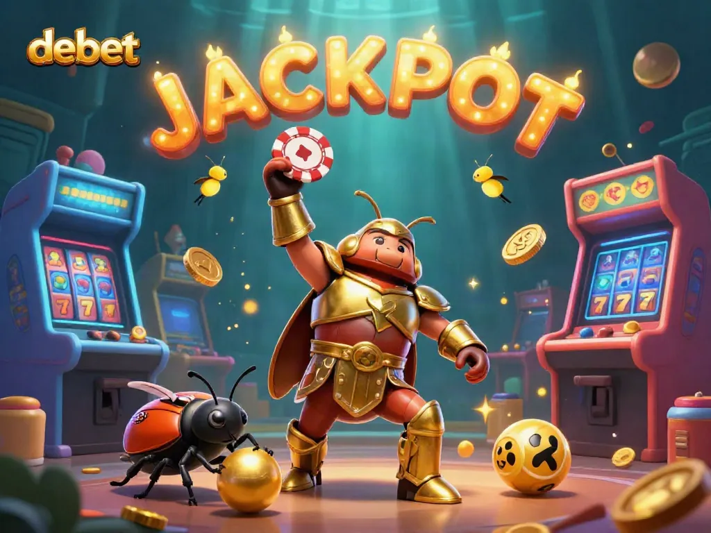 Experience the exciting debet casino world with a victorious beetle in golden armor amid colorful gaming elements.