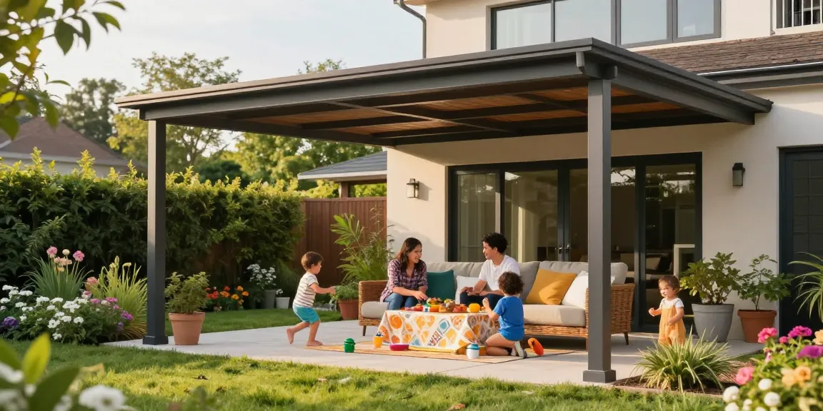 Moderne Carport-Struktur, die eine Familie im Freien schützt, mit Gartenimpressionen.
