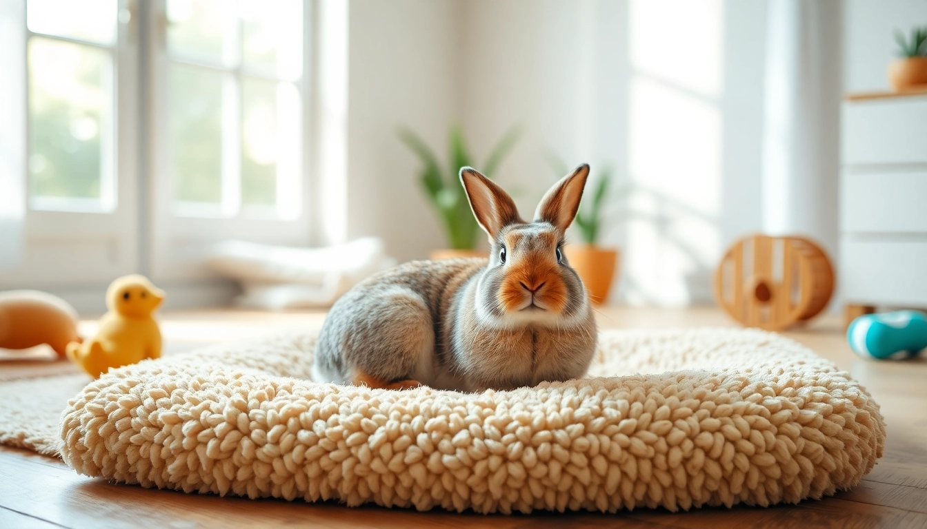 Hanfmatte für Nagetiere in einer gemütlichen Innenumgebung mit einem glücklichen Kaninchen.