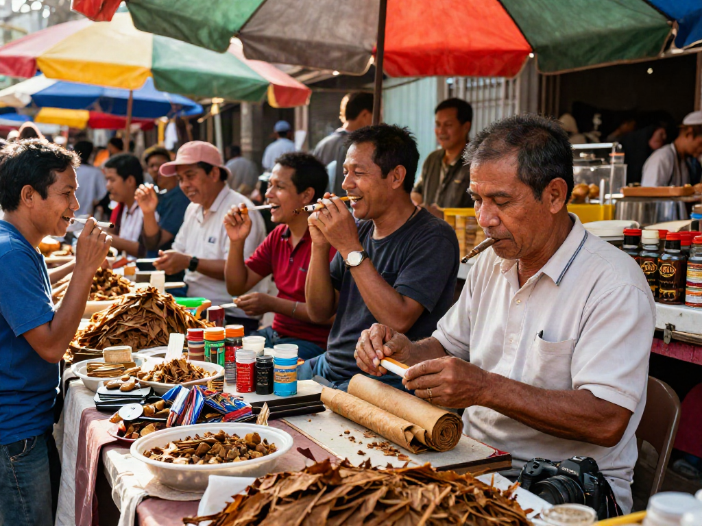 Engaging street market scene highlighting rokok88 tobacco products amid lively social interactions and colorful stalls.