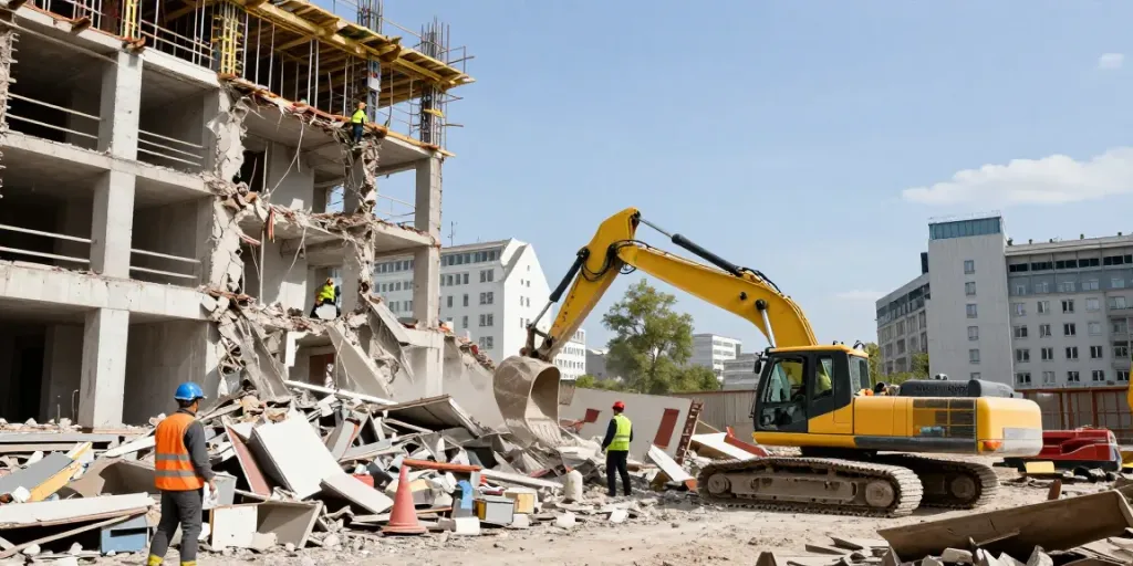 Professionelle Abrissarbeiten in Wien mit modernen Maschinen und Bauarbeitern.