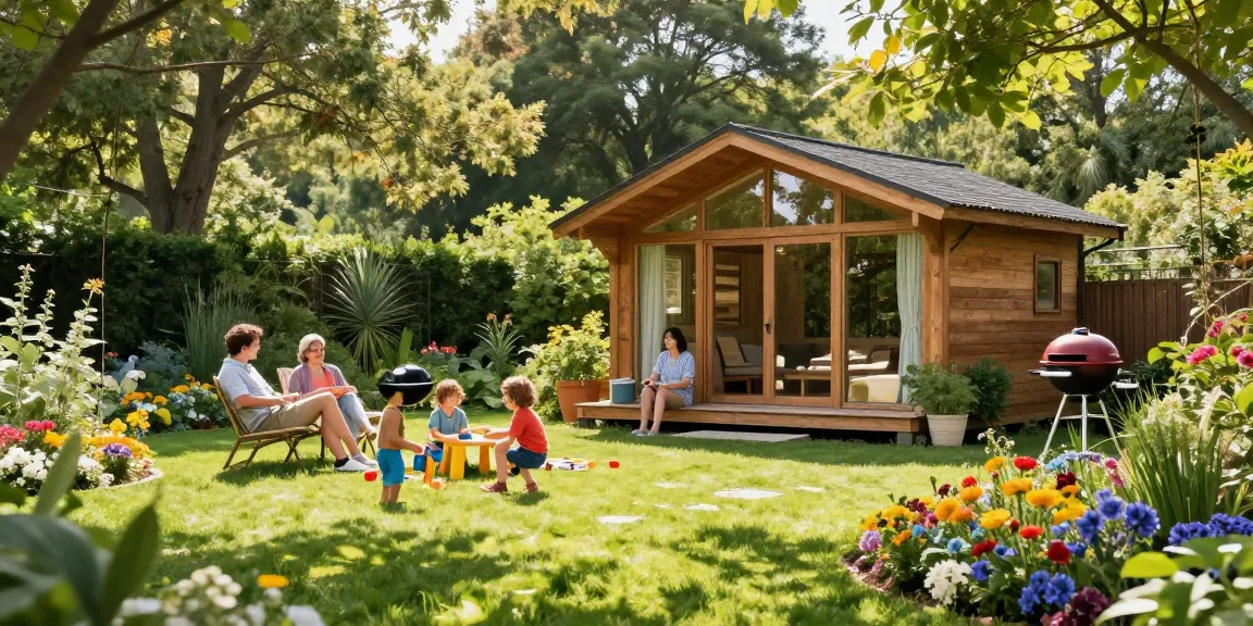 Ein Gartenhaus aus Holz umgeben von bunten Blumen und einer spielenden Familie im Garten. Gartenhaus Holz als zentraler Punkt der Wohlfühloase.