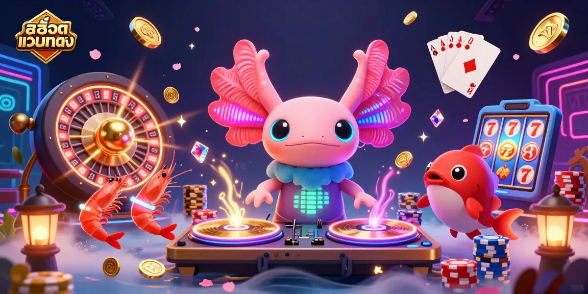Experience the excitement of สล็อตเว็บตรง with a vibrant scene of axolotl DJ, dancing shrimp, and underwater casino elements.