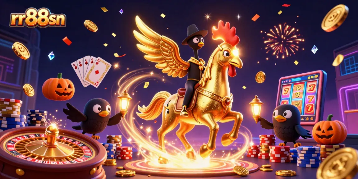 Experience the thrill of winning at rr88sn with a vibrant 3D casino scene featuring golden rooster and festive elements.