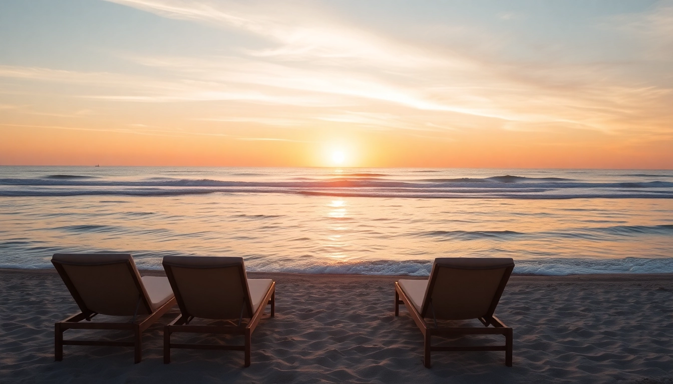 Experience luxury at a breathtaking beach sunset with elegant lounge chairs against soft golden waves.