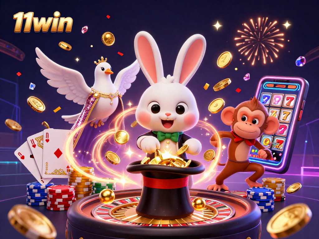 Experience the excitement of 11win as a magician rabbit pulls golden coins amidst a lively casino scene!