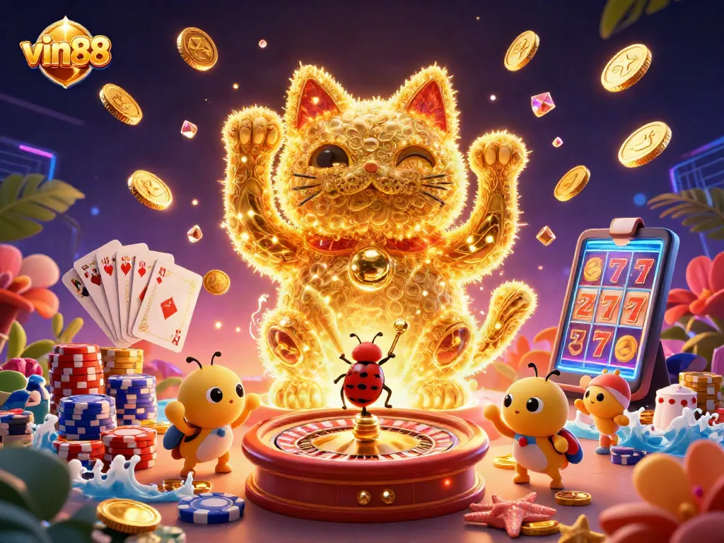 vin88 engages players with a giant lucky cat and casino symbols, surrounded by vibrant game elements.