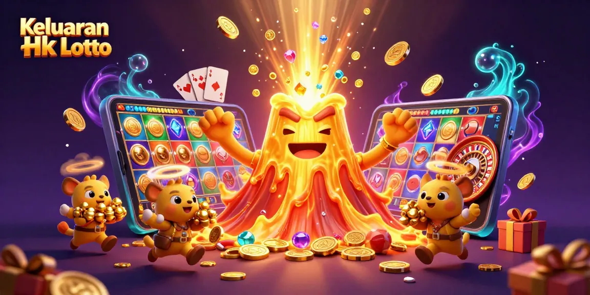 Keluaran Hk Lotto results illustrated with a triumphant volcano and treasure-seeking animals in a dynamic casino scene