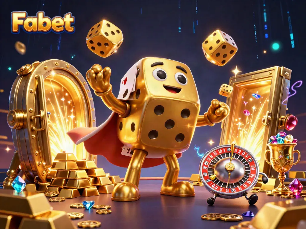 Fabet's golden dice golem juggles smaller dice amidst a vibrant treasure scene, exuding casino excitement.