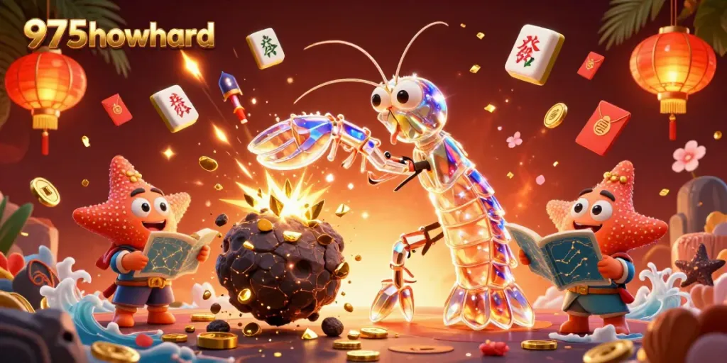 Engage with 975howard's thrilling cosmic casino adventure featuring a galactic mantis shrimp amidst sparkling treasures.