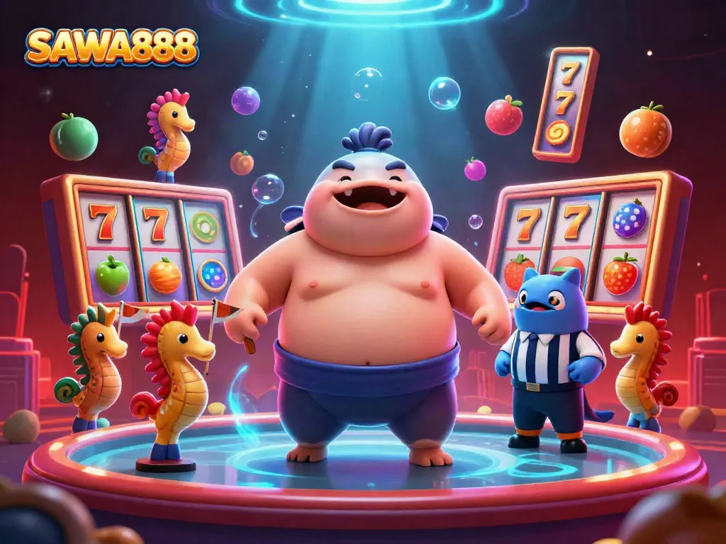 Spin to win big with SAWA888 slots featuring vibrant, colorful animated characters and exciting slot elements.