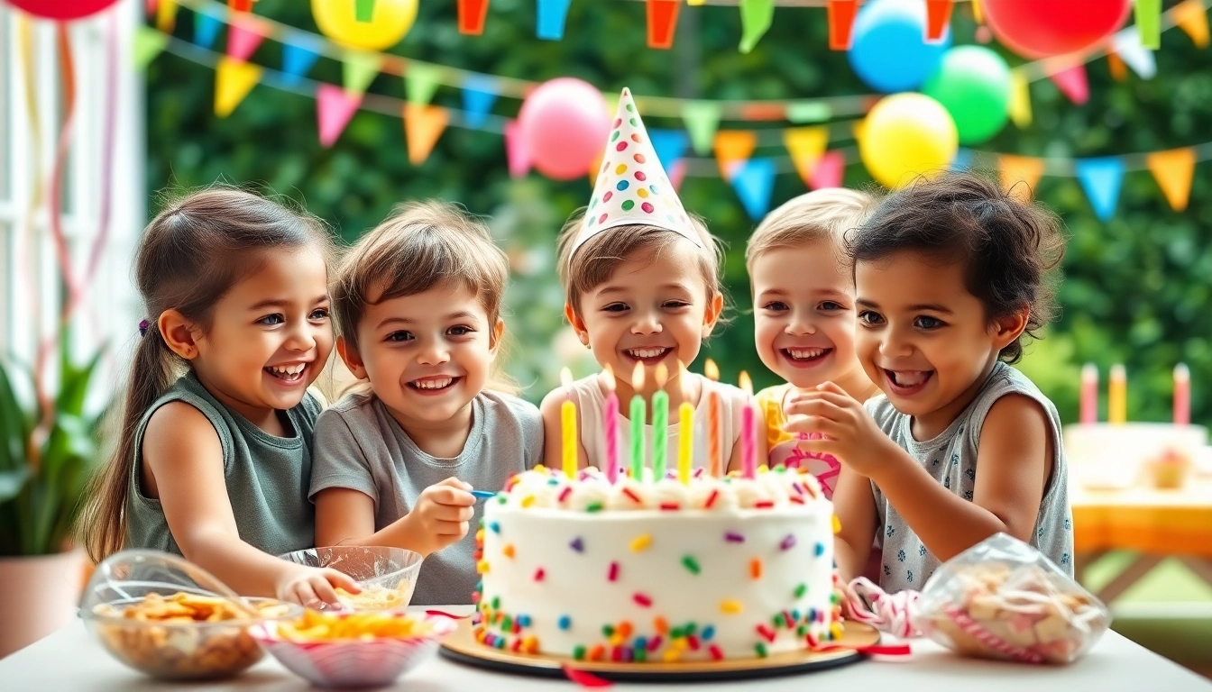 Aktive Kinder feiern einen Kindergeburtstag 4 Jahre mit bunten Spielen und leckeren Snacks.