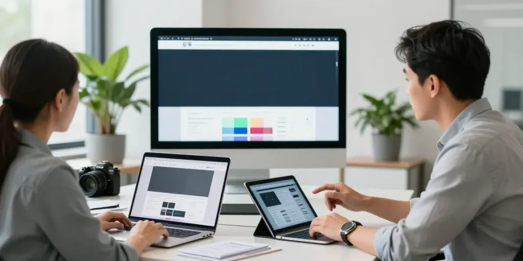 Webdesign Saarland: Professionelle Beratung mit Designer und Kunde in modernem Büro.