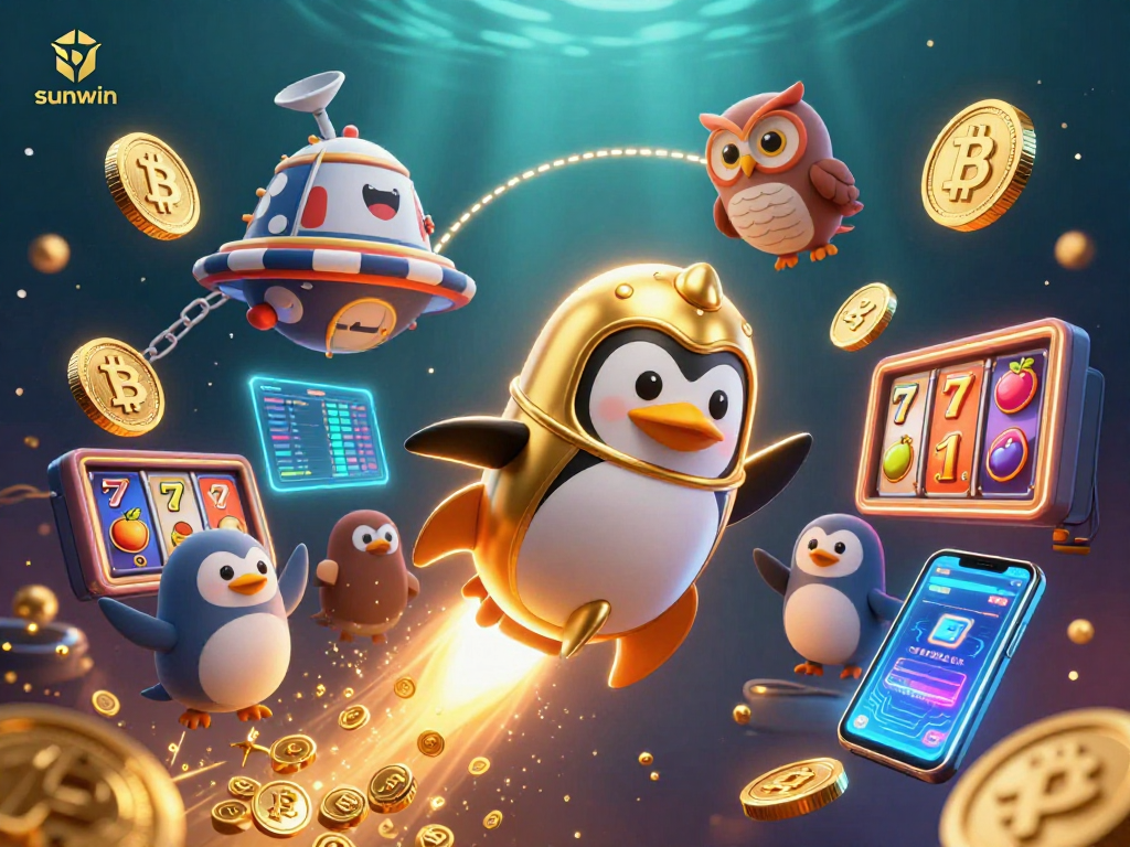 Experience the thrill of sunwin casino with a vibrant 3D illustration of a golden penguin racing towards a giant poker chip station.