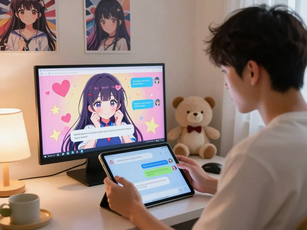 Engaging hentai ai chat scene featuring a user interacting with a lifelike virtual character in a cozy room full of anime elements.