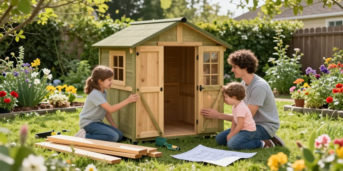 Gartenhaus kaufen: Familie beim gemeinsamen Zusammenbau eines Holz-Gartenhauses im sonnigen Garten.