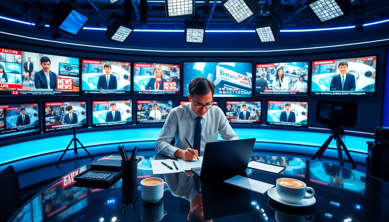 Aktuelle Meldungen werden von einem Journalisten in einem modernen Nachrichtenraum verfasst.