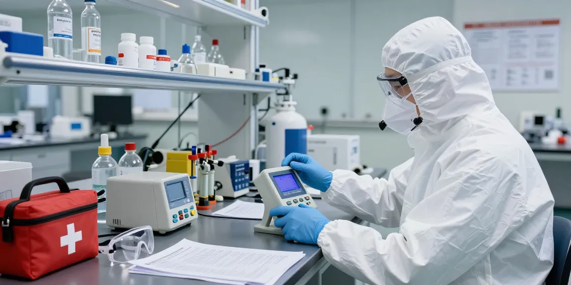 Chlordioxid Gasdetektor in der Laborumgebung, Techniker überprüft Sicherheitsausrüstung.