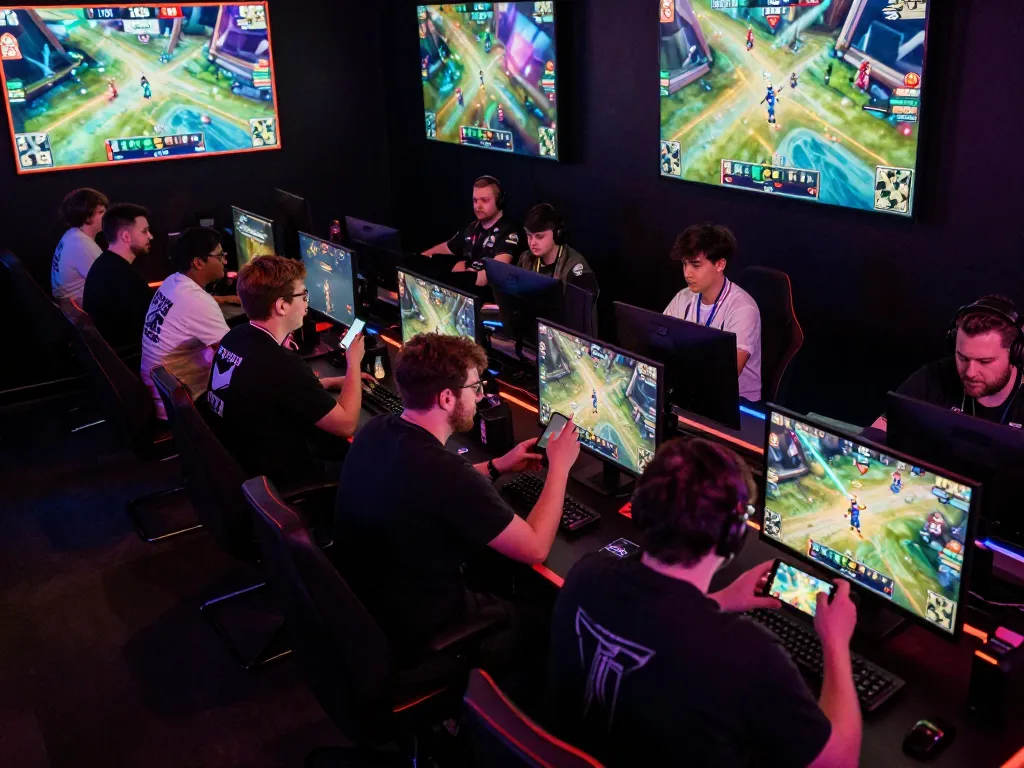 Fans actively engaging in esports betting at mk8th event with vibrant screens and cheering crowds.
