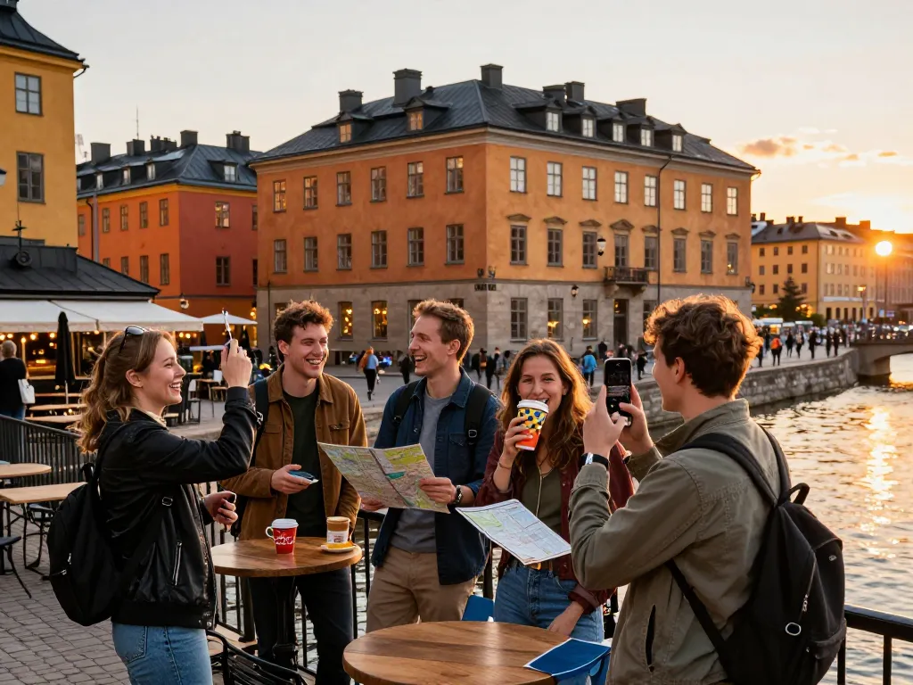 Gruppe entdeckt Reisetipps Stockholm in einer lebhaften Straßenszene mit Cafés und historischen Gebäuden.
