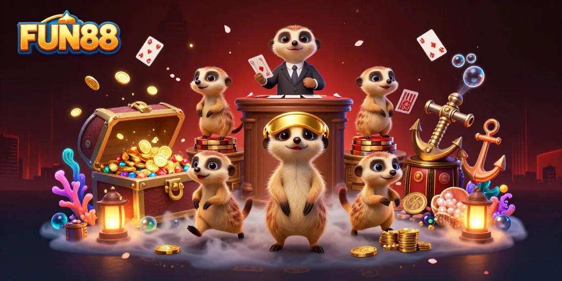 Discover FUN88's exciting world of online gaming with meerkats managing a lively casino.