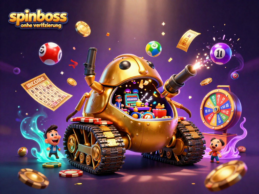 Erleben Sie spinboss ohne Verifizierung mit einem extravaganten Casino-Szenario in digitaler 3D-Illustration.