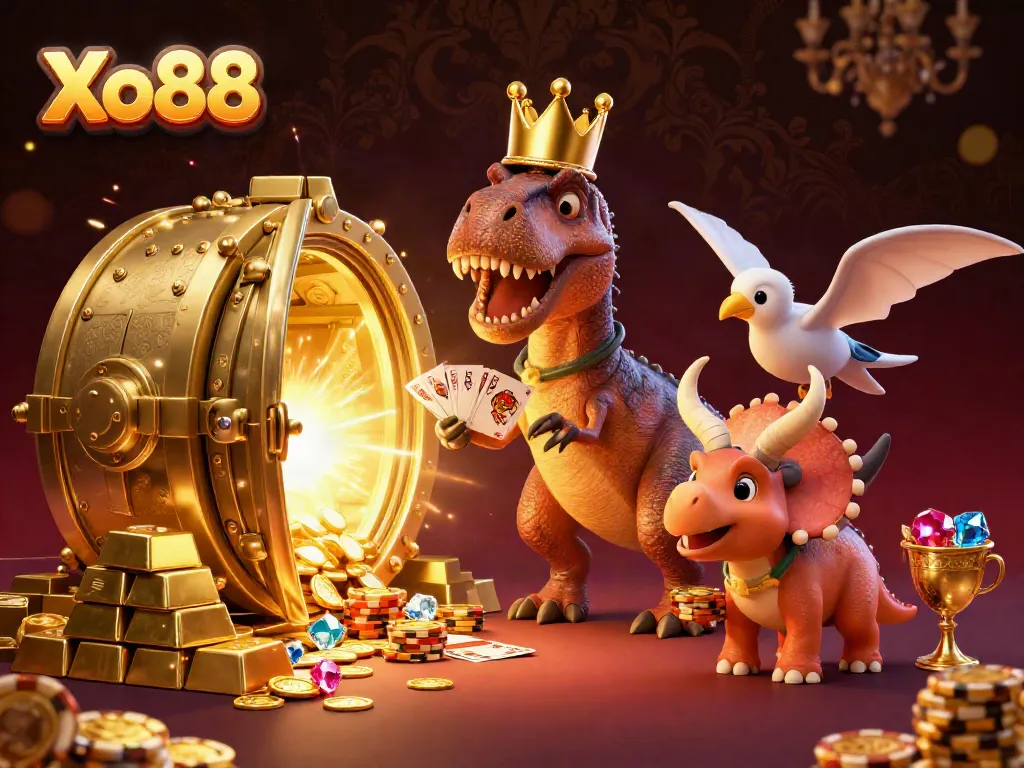 Xo88 T-Rex shuffles cards with pterodactyl and triceratops in a vibrant casino scene.