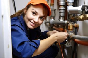Woman plumber working near metal pipes indoor, female professional occupation. Generative AI
