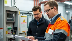 Inspecting electrical equipment during a DGUV V3 Prüfung for workplace safety compliance.