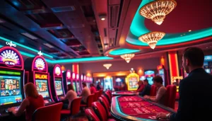 Erlebe aufregende Spiele im online casino schweiz mit bunten Lichtern und glücklichen Spielern.