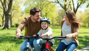 Kindererziehung: Familie im sonnigen Park zeigt Freude am Radfahren und gemeinsame Zeit.