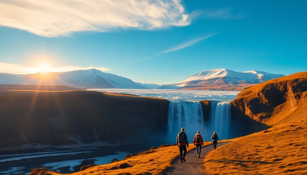 Erleben Sie eine wunderschöne Reise nach Island mit atemberaubenden Wasserfällen und Gletschern bei Sonnenuntergang.