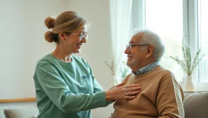 Warmherzige Pflegekraft unterstützt älteren Menschen im Pflegedienst zu Hause.