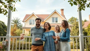 Familie steht freudig vor ihrem neuen Haus - Hauskauf.